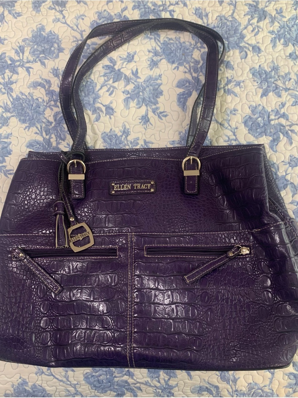 Ellen Tracy Deep Purple Croc-Embossed Tote